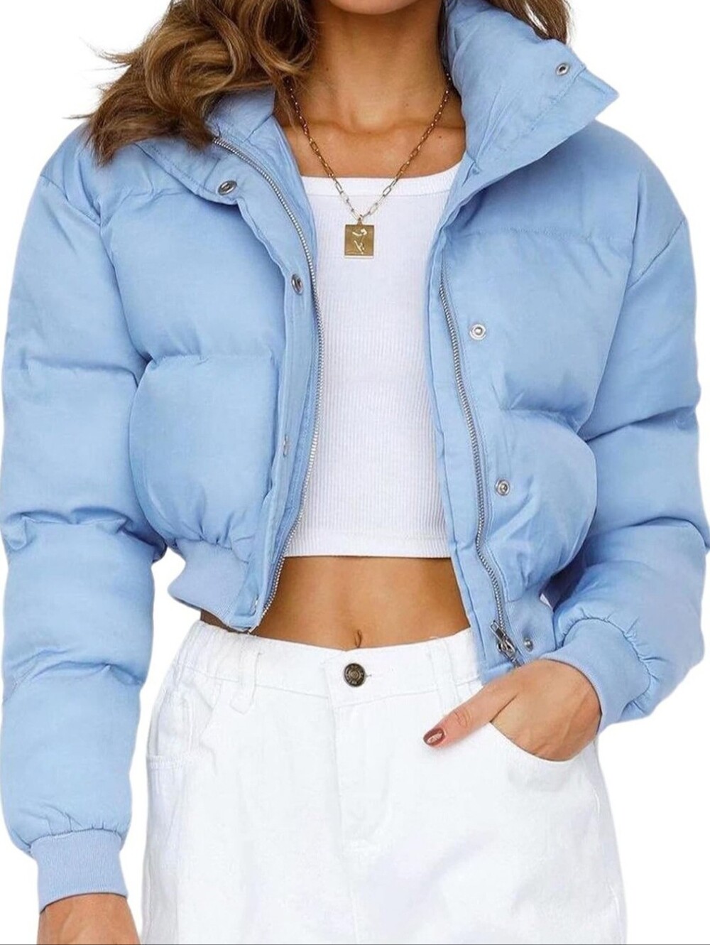 NEW Lianlive Cropped Puffer Jacket Womens Zip Up Black Crop Puffy Winter Coat